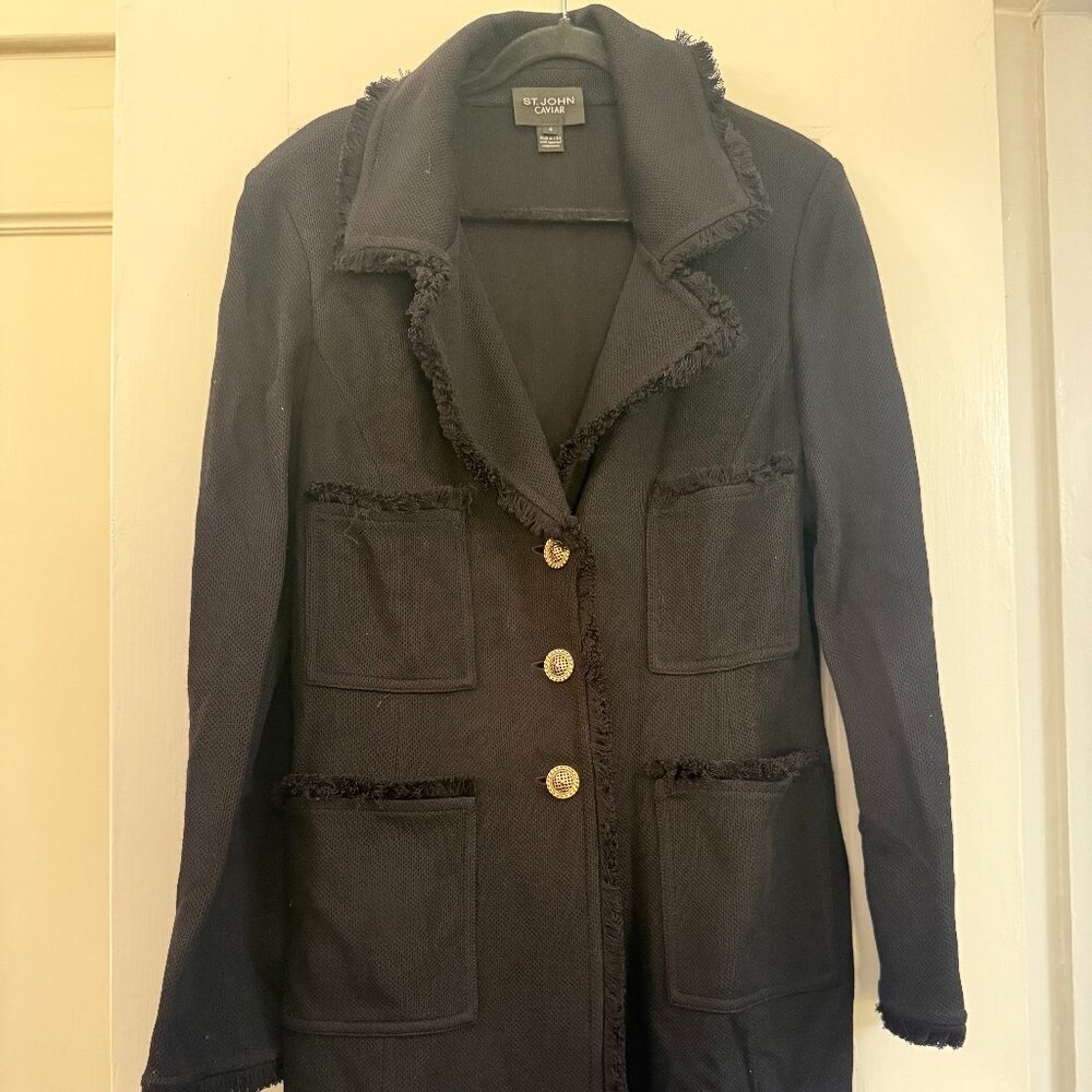 St. John Caviar Black Wool-Blend Longline Jacket / Coat — Size 16